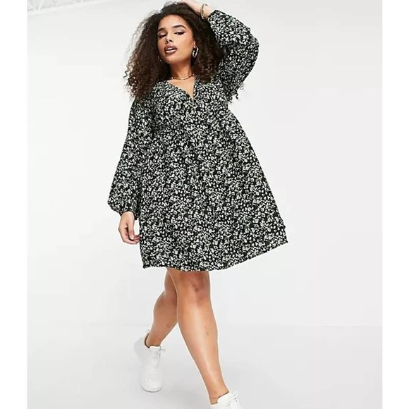 ASOS Dresses & Skirts - ASOS Yours Black Floral V-Neck Long Sleeve Mini Babydoll Dress Plus Size 18 NWOT